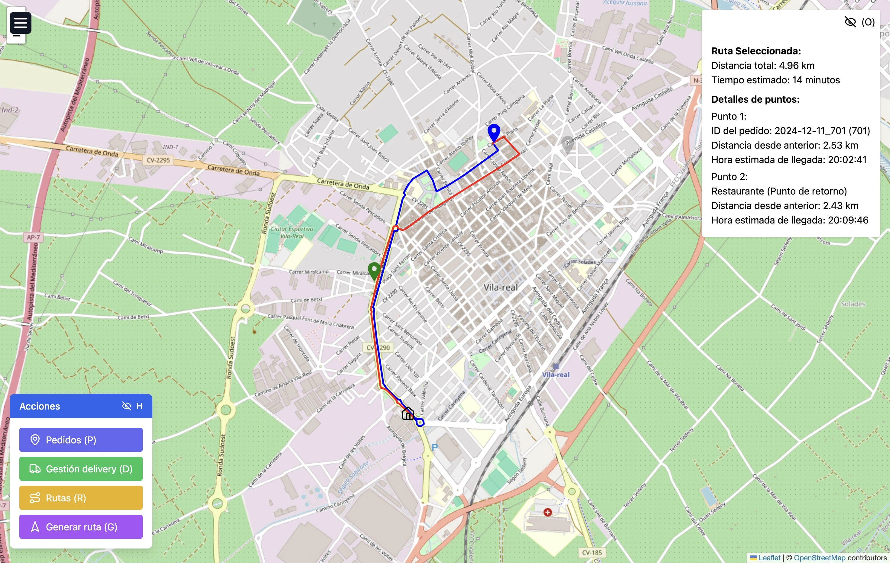 Interfaz de optimización de rutas mostrando múltiples pedidos en el mapa